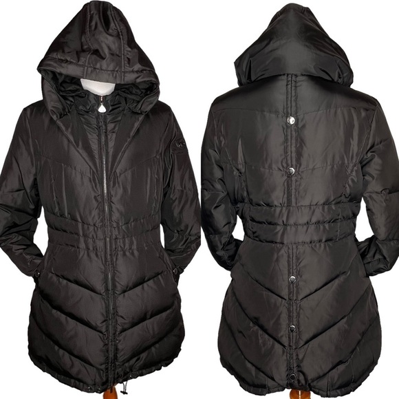 Happy Goat Black Long Down Puffer Coat Size M High Collar Hood Water Resistant - Picture 1 of 15